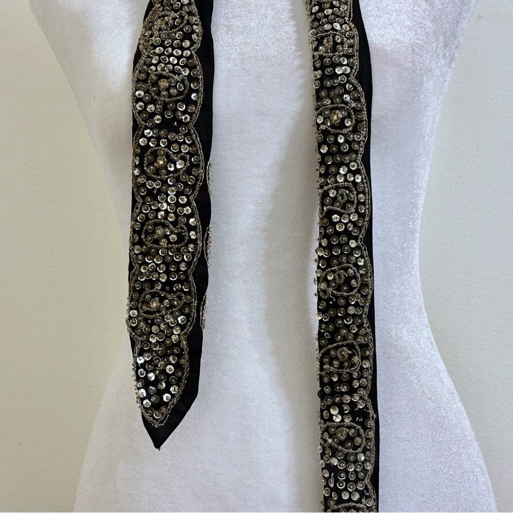Vintage Silver Sequined Black Satin Embroidered Zari Work Bohemian Tie Belt